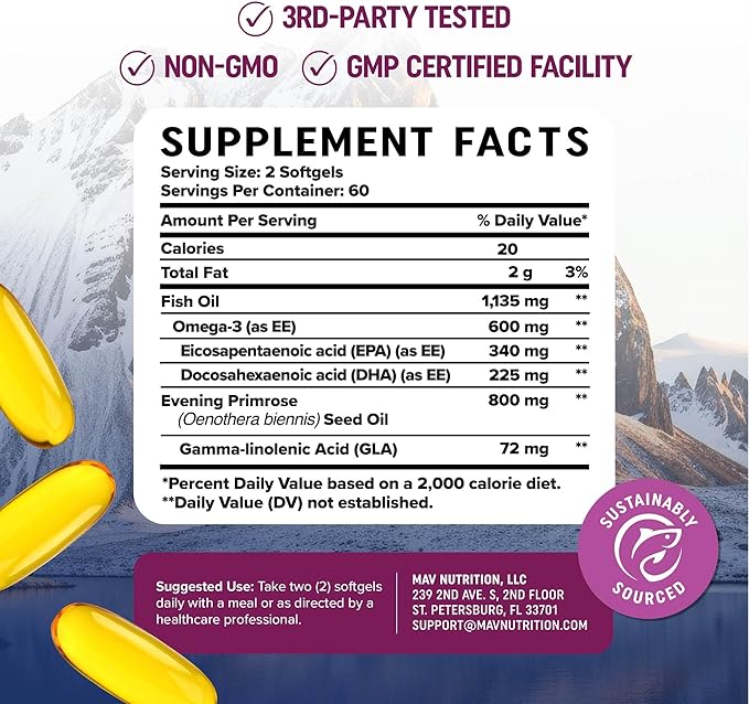 Omega 3 Supplement for Women | Fish Oil with Evening Primrose | Hormone Balance, Skin & Wellness Support | 600MG Omega3 + 800MG Evening Primrose | Fish Oil Omega 3 Supplements for Women | 120 Ct.