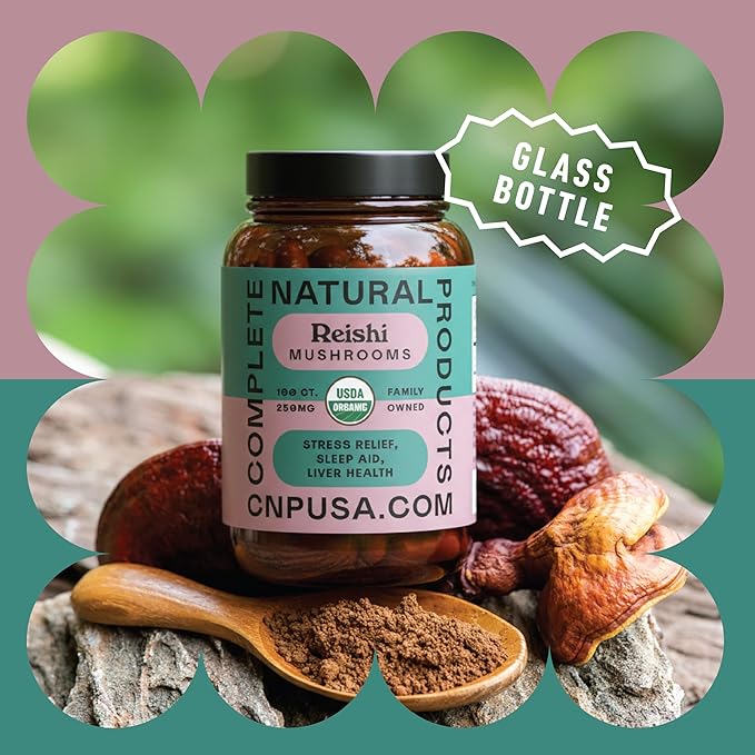 Complete Natural Products Organic Reishi Mushroom Capsules, 250mg, 100ct | Fruiting Body Extract | Plant-Based | Adaptogenic Support | Made in USA | Organic & Kosher Capsules