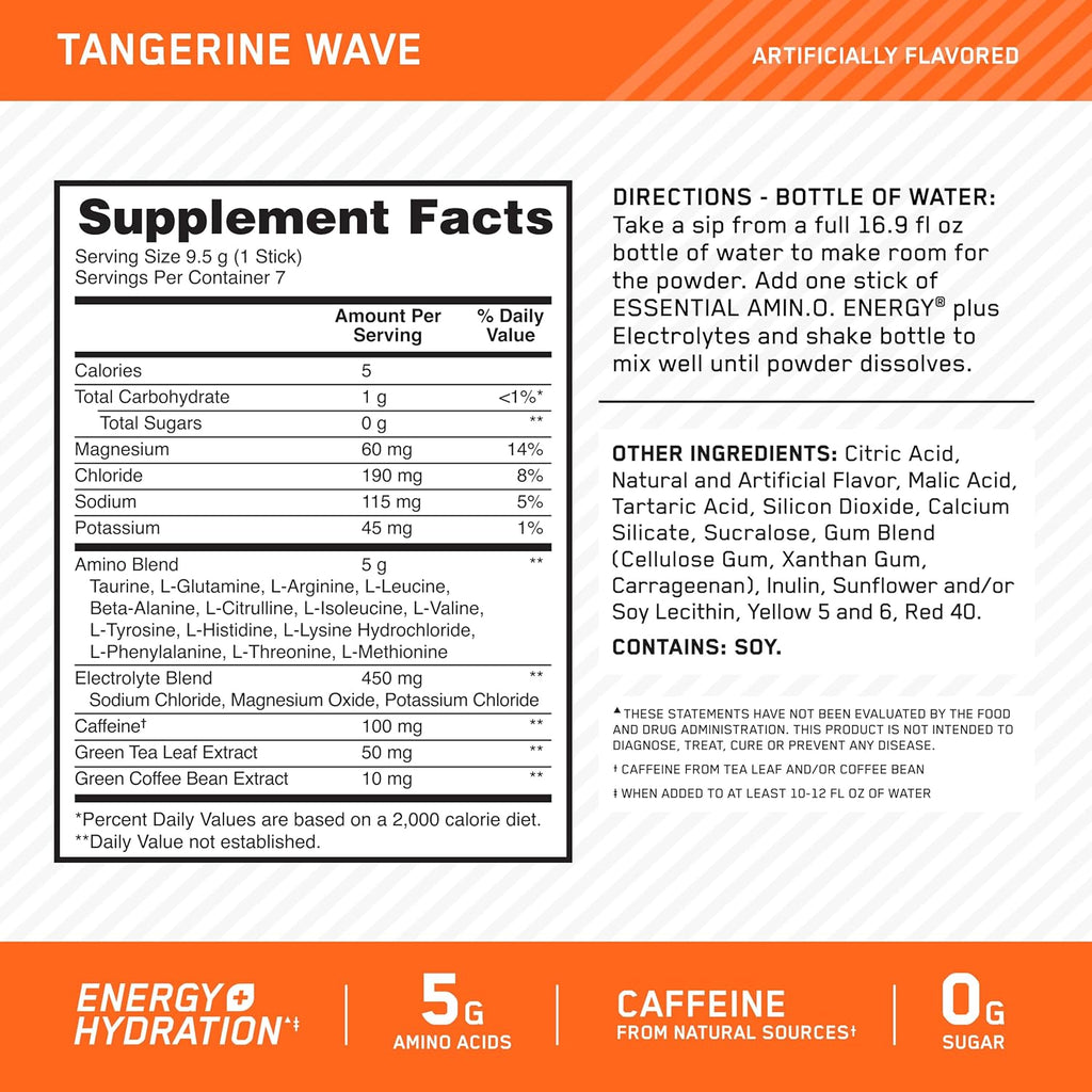 Optimum Nutrition Essential Amino Energy Plus Electrolytes Stick Packs, Energy Powder, Tangerine Wave, 7 Count
