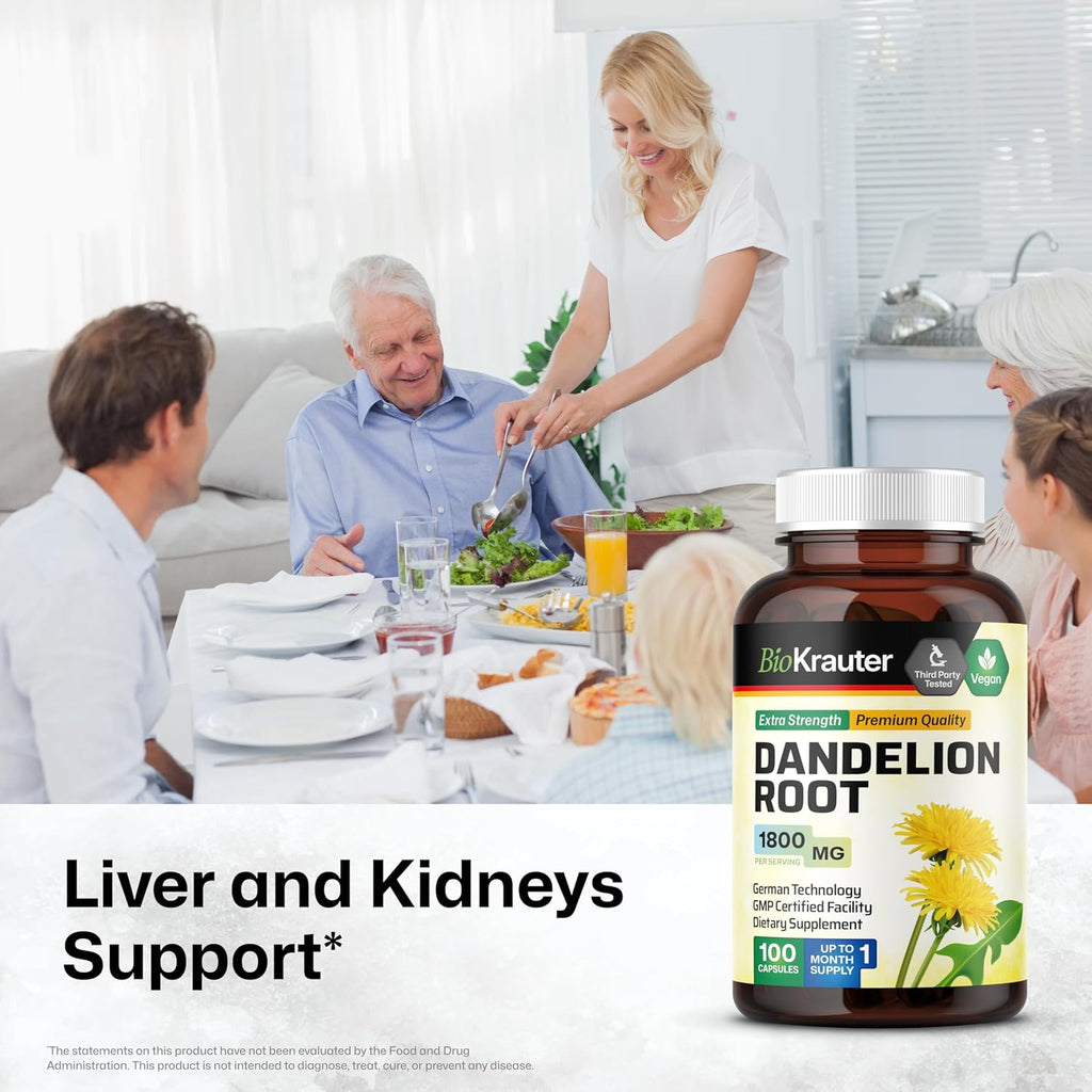 BIO KRAUTER® Dandelion Root Extract - Vegan & Pure Dandelion Root Capsules 1800 mg per Serving 100 Caps - Used for Liver & Kidney Support, Cleanse & Detox - No Fillers, Non-GMO - 33 Days of Supply
