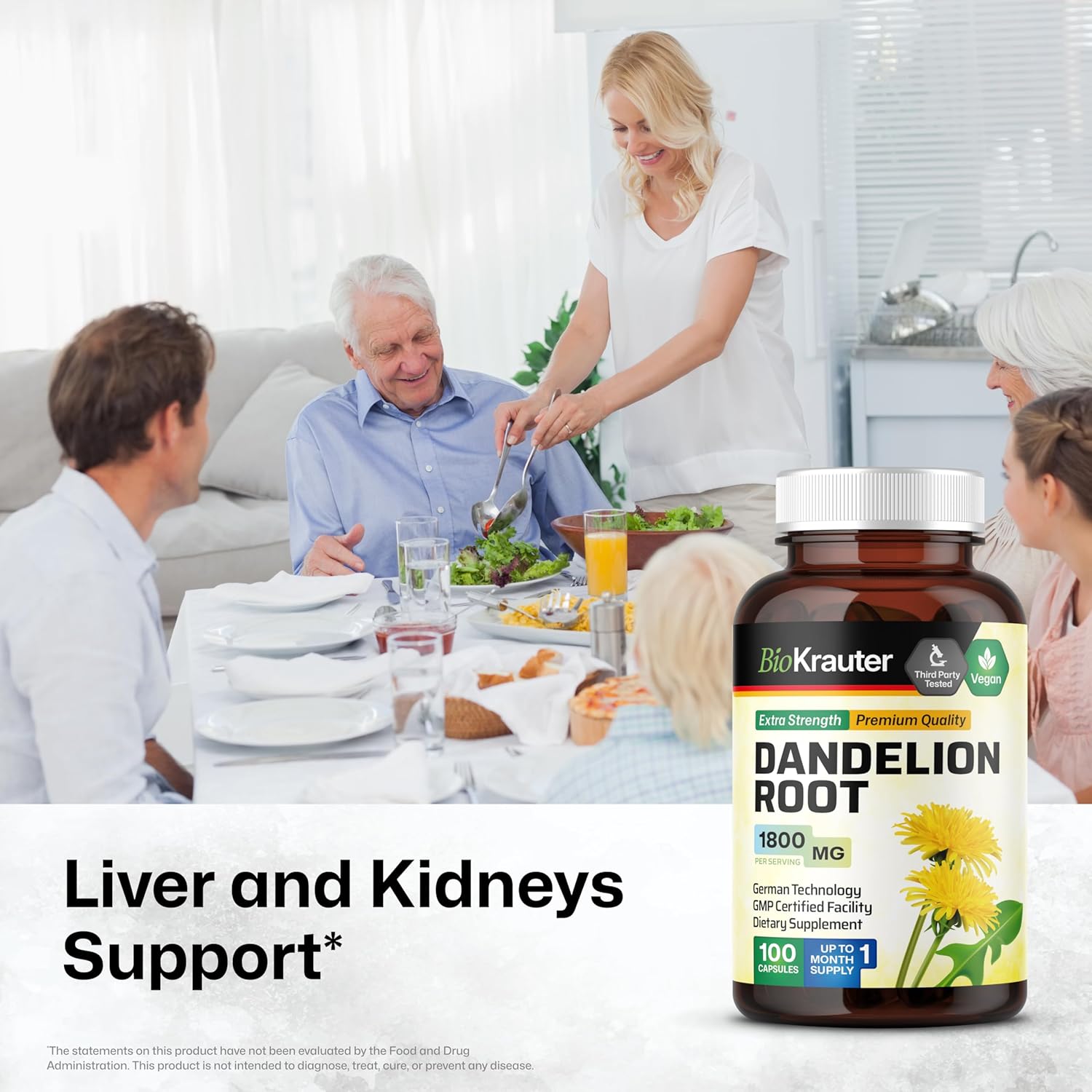 BIO KRAUTER® Dandelion Root Extract - Vegan & Pure Dandelion Root Capsules 1800 mg per Serving 100 Caps - Used for Liver & Kidney Support, Cleanse & Detox - No Fillers, Non-GMO - 33 Days of Supply