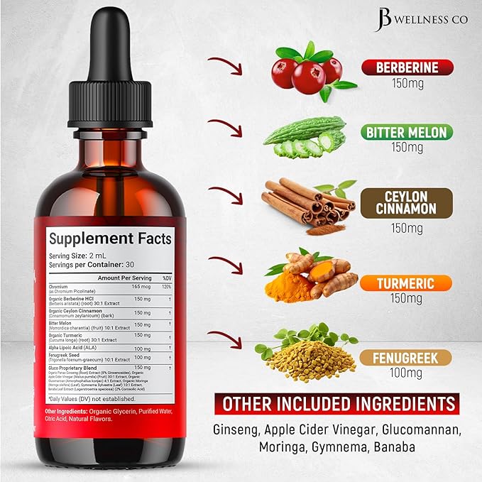 Berberine with Ceylon Cinnamon Supplement Liquid Drops + Bitter Melon Extract, Glucomannan, Gymnema, Chromium, Turmeric, Panax Ginseng, Moringa- 6 OZ