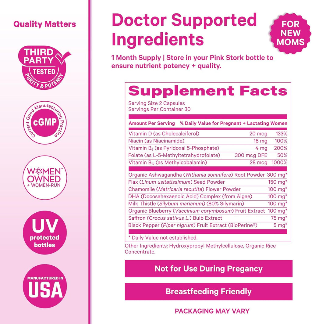 Pink Stork Postpartum Mood Support - Postnatal Hormone Balance for Women - Breastfeeding Friendly - Stress & Cognitive Support, New Mom Essentials - Ashwagandha, Chamomile, & Vitamin D, 60 Capsules