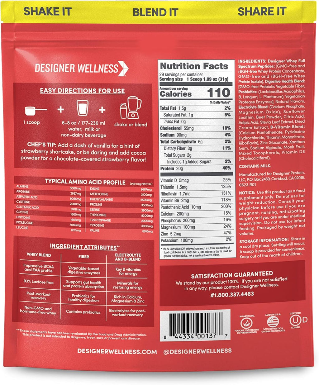 Designer Wellness, Designer Whey, Natural Whey Protein Powder with Probiotics, Fiber, and Key B-Vitamins for Energy, Gluten-Free, Summer Strawberry, 2 lb