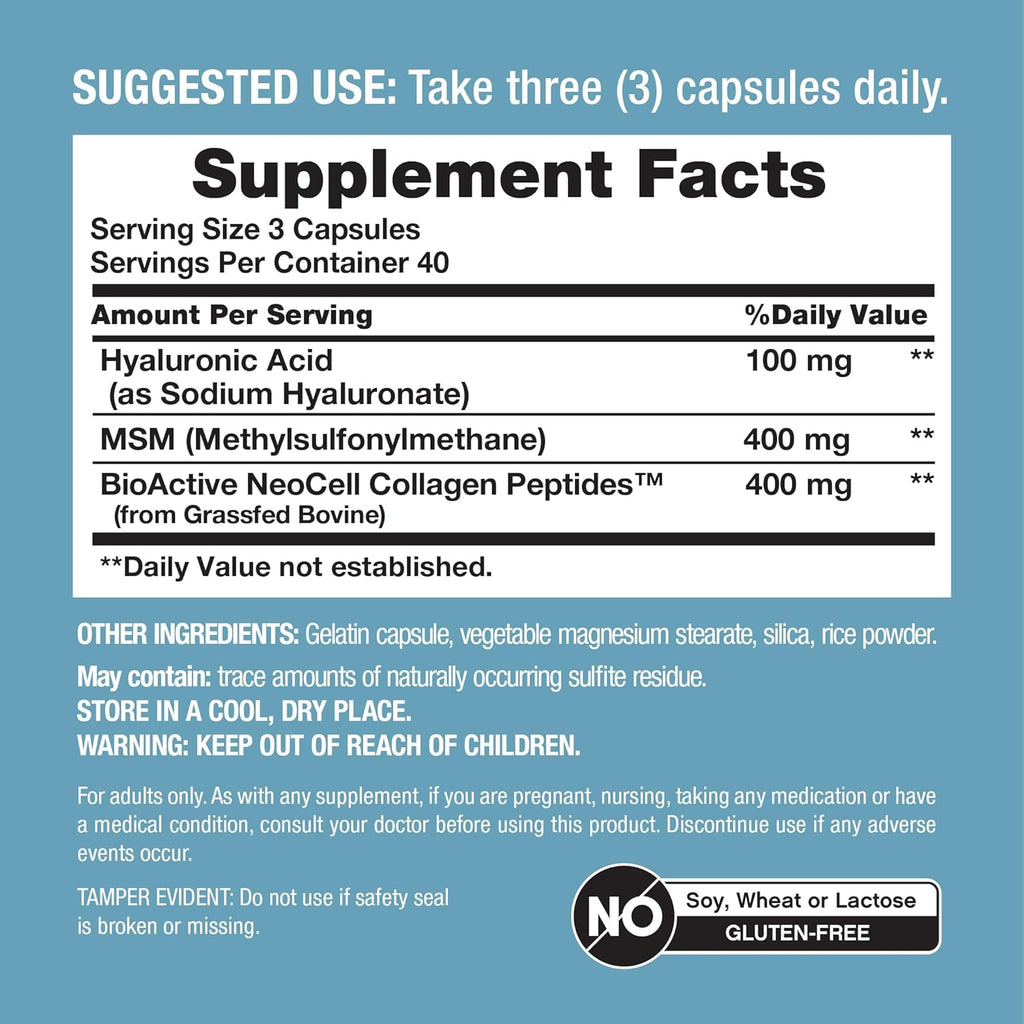 NeoCell Hyaluronic Acid Complex 900mg | 120 Capsules | with BioActive Collagen Peptides & MSM | Premium Grade Formula