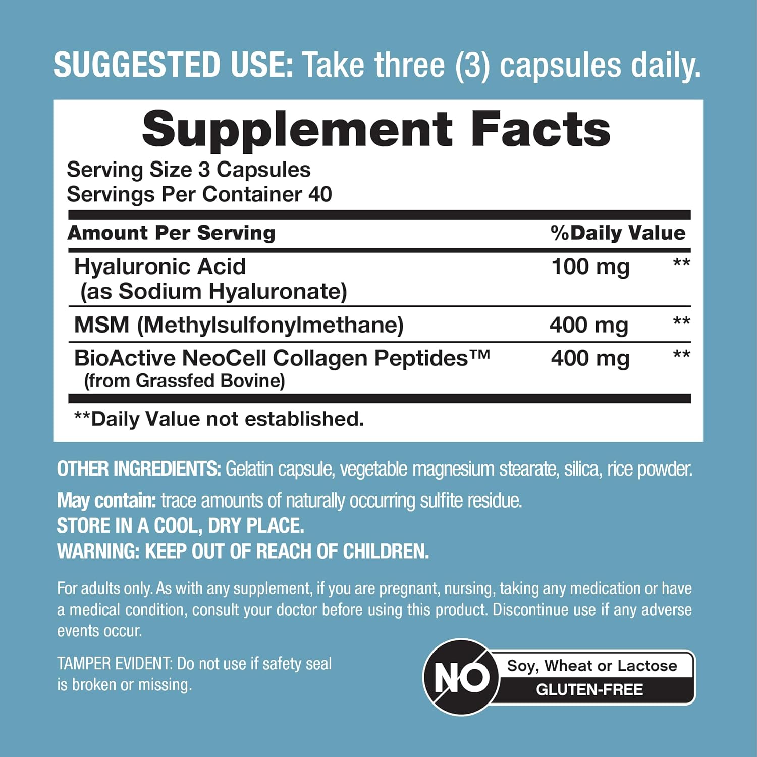 NeoCell Hyaluronic Acid Complex 900mg | 120 Capsules | with BioActive Collagen Peptides & MSM | Premium Grade Formula