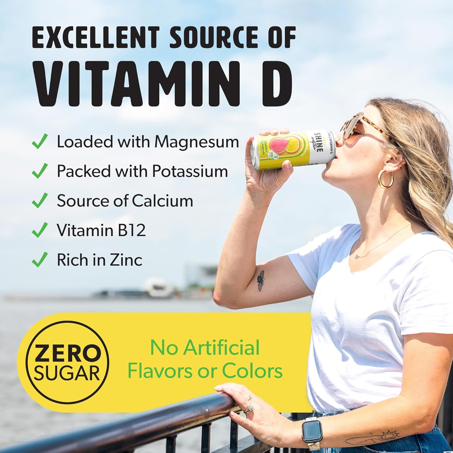 ShineWater Vitamin D Hydration Electrolyte Drink - Flavored water with electrolytes, Sugar-Free, Magnesium, Zinc, Vitamin B12, Plant-Based, Low Calorie - Tropical Lemonade Fruit Water 12 Pack