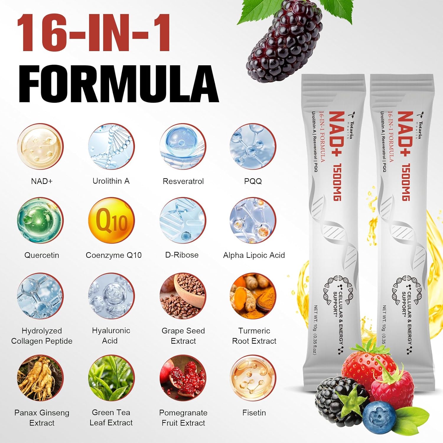 NAD Liquid Supplement 1500mg, Extra Strength NAD+, Resveratrol, Urolithin A, PQQ 16-in-1 Formula with Nicotinamide Riboside for Anti Aging, Energy, Immune, Focus for Men & Women (30 Packets)