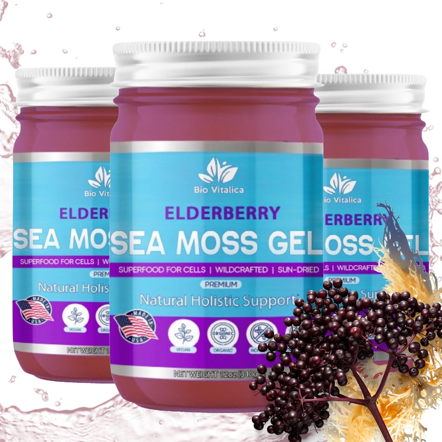 Sea Moss Gel by BioVitalica - Irish sea Moss raw Organic - Premium Quality - Dr Sebi, Vegan superfood for Cells - 100% Natural Seamoss Gel - (Pack of 3, Elderberry)