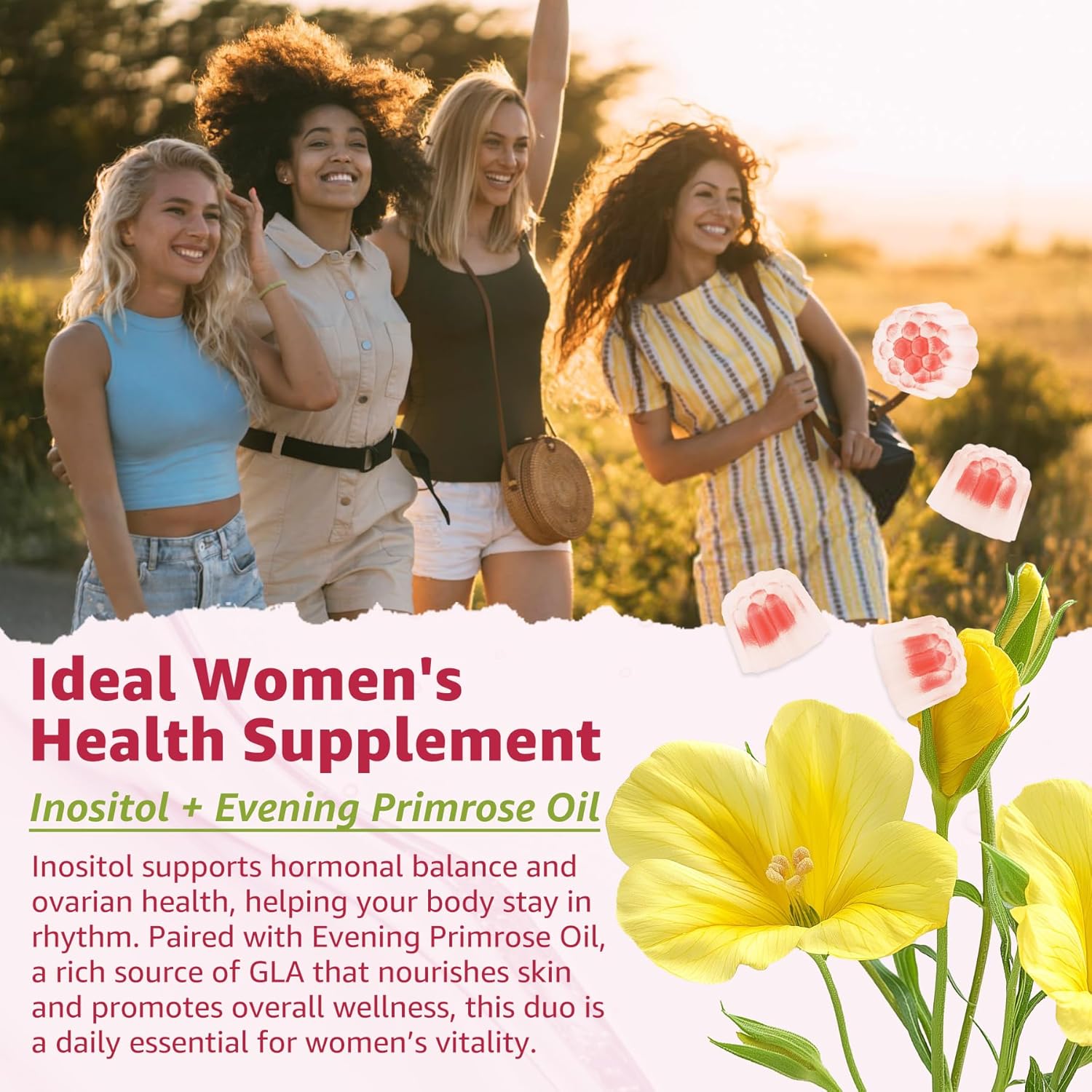 Inositol Gummies Supplement with Evening Primrose Oil for Women - 40:1 Ratio Myo-Inositol 2000mg & D-Chiro Inositol 50mg with VIT D3 B12 & Zinc, Sugar-Free for Natural Balance, Vegan (120ct)