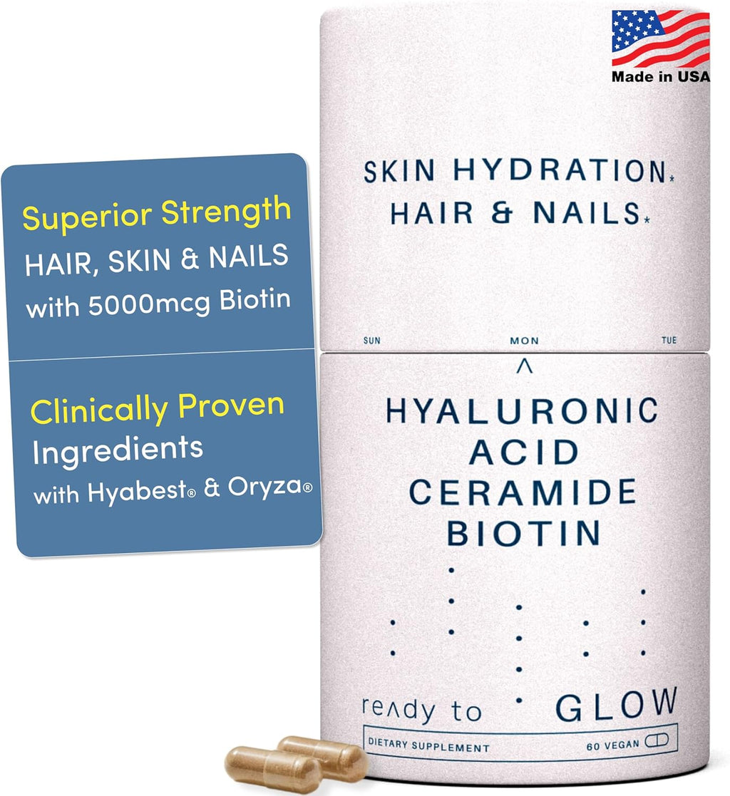 Glow Anti Aging Supplement - Hyabest® Hyaluronic Acid, Ceramide, 5000 mcg Biotin, Vitamin A, C, E, Zinc - Hair Skin Nails Vitamins for Women & Men - Wrinkles & Skin Hydration - 60 Capsules