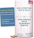 Glow Anti Aging Supplement - Hyabest® Hyaluronic Acid, Ceramide, 5000 mcg Biotin, Vitamin A, C, E, Zinc - Hair Skin Nails Vitamins for Women & Men - Wrinkles & Skin Hydration - 60 Capsules