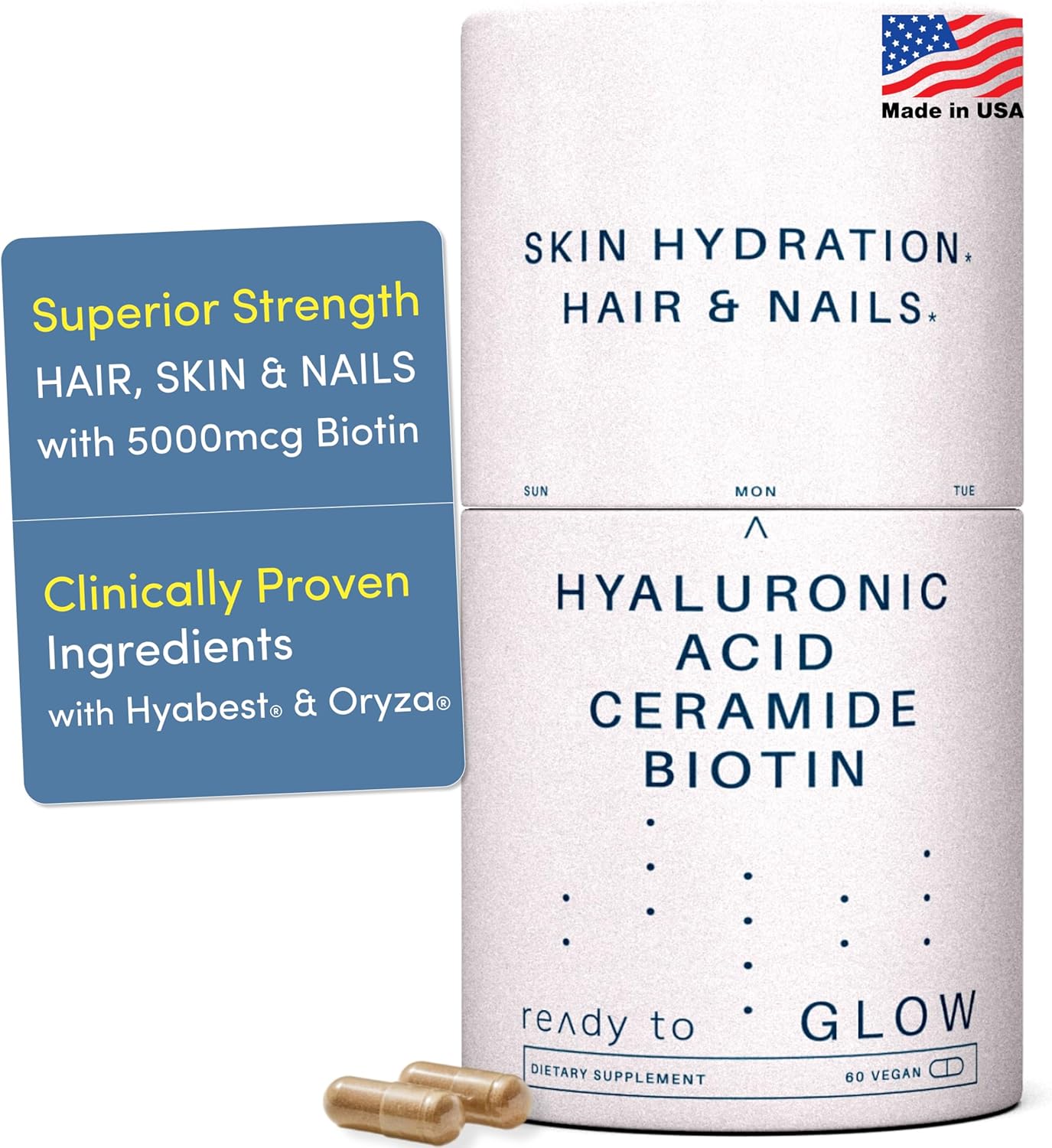 Glow Anti Aging Supplement - Hyabest® Hyaluronic Acid, Ceramide, 5000 mcg Biotin, Vitamin A, C, E, Zinc - Hair Skin Nails Vitamins for Women & Men - Wrinkles & Skin Hydration - 60 Capsules