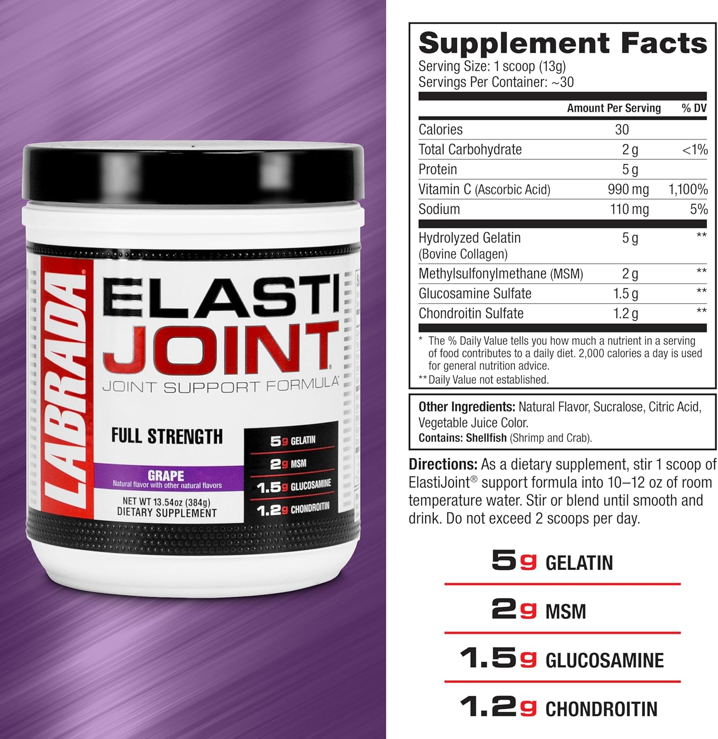 Labrada Nutrition Elastijoint, Grape - Glucosamine Joint Support Supplement Powder for Men & Women, Joint Relief & Bone Health Supplement with MSM, Glucosamine Chondroitin MSM - Gluten-Free