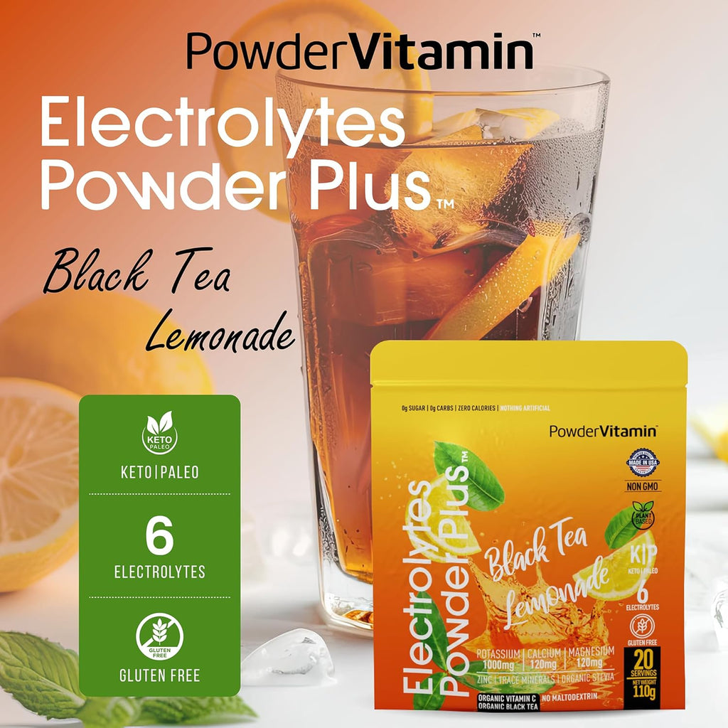 PowderVitamin Electrolytes Powder Plus (20 Servings) Black Tea Lemonade Electrolyte Powder Keto, Sugar Free, Pink Himalayan Salt,1000mg Potassium,120mg Calcium,120mg Magnesium, Hydration Powder
