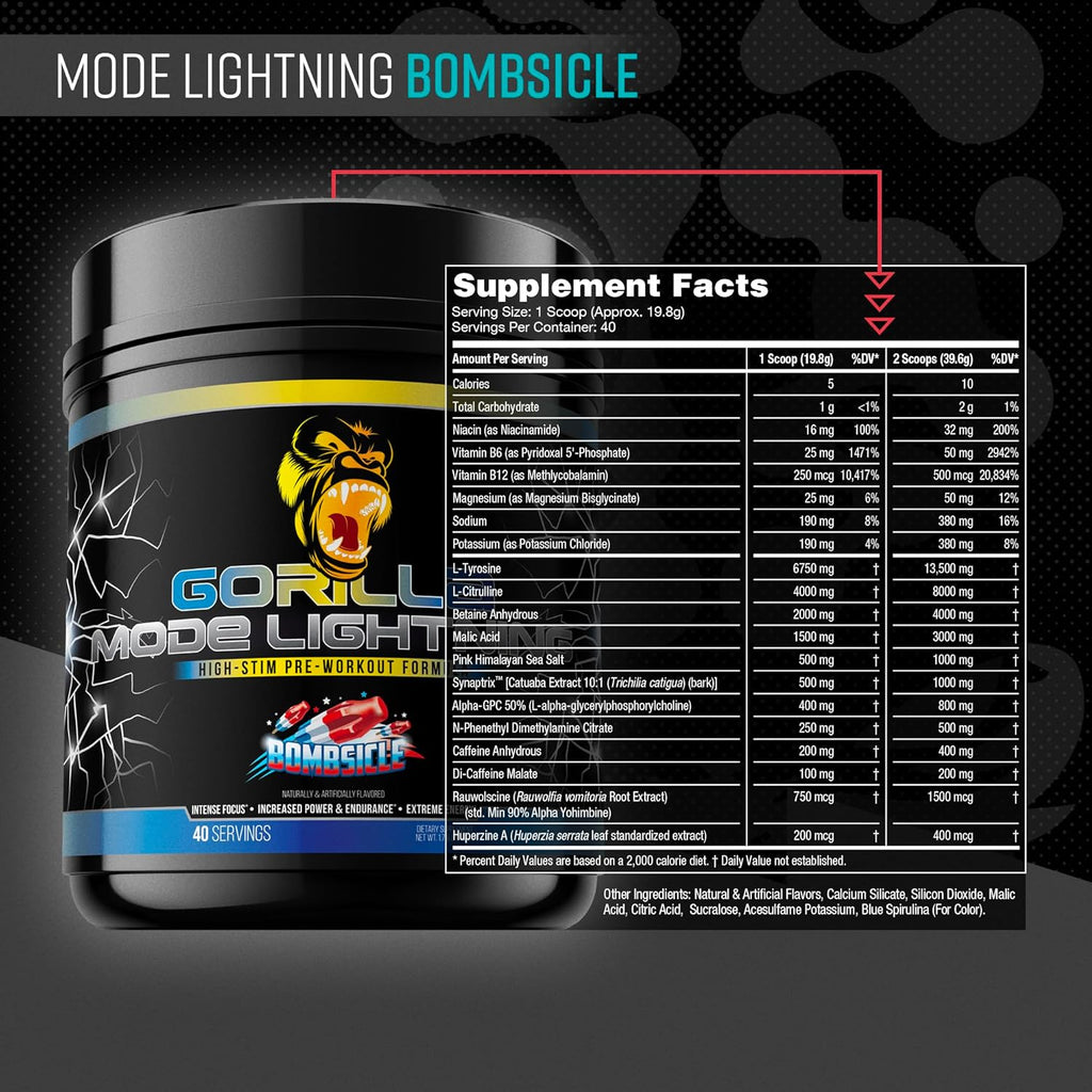 Gorilla Mode Lightning Pre-Workout - Extreme Energy · Laser Focus · Powerful Pumps · Peak Performance - 550mg Caffeine, 13500mg L-Tyrosine, Alpha-GPC– 792g (Bombsicle)