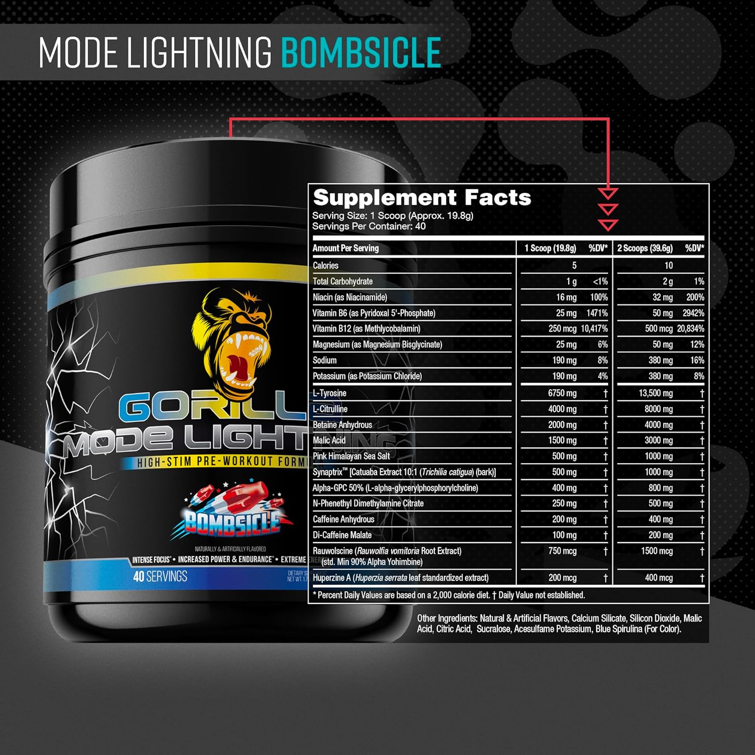 Gorilla Mode Lightning Pre-Workout - Extreme Energy · Laser Focus · Powerful Pumps · Peak Performance - 550mg Caffeine, 13500mg L-Tyrosine, Alpha-GPC– 792g (Bombsicle)