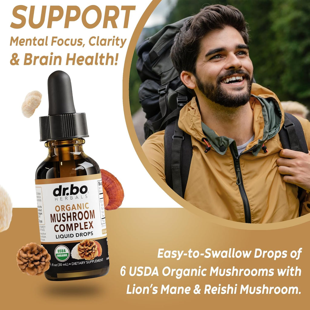 Organic Lions Mane Mushroom Complex - Mushroom Supplement Liquid Drops Tincture for Focus, Fog, Brain Health Supplements - Vegan, Herbal Organic Lion's Mane Mushrooms, Reishi, Turkey Tail Extract 1oz