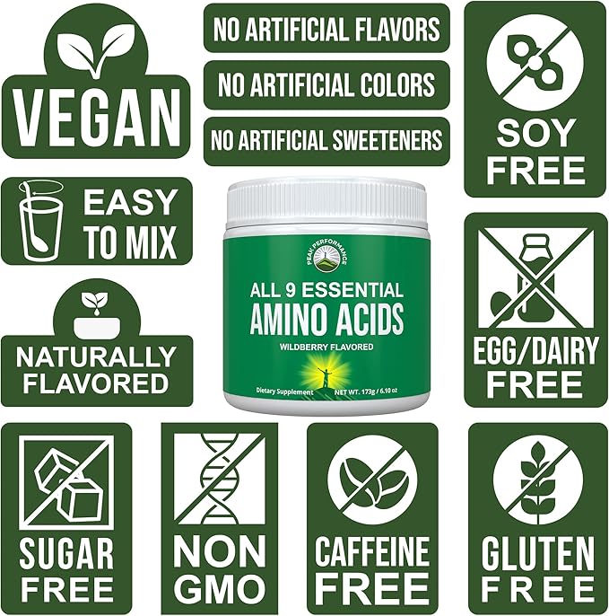 All 9 Essential Amino Acids Powder. Pre + During + Post Workout With EAAs + BCAAs For Energy, Muscle Growth, and Recovery. Non-GMO BCAA and EAA Powders For Men + Women. 3rd Party Tested. Wildberry
