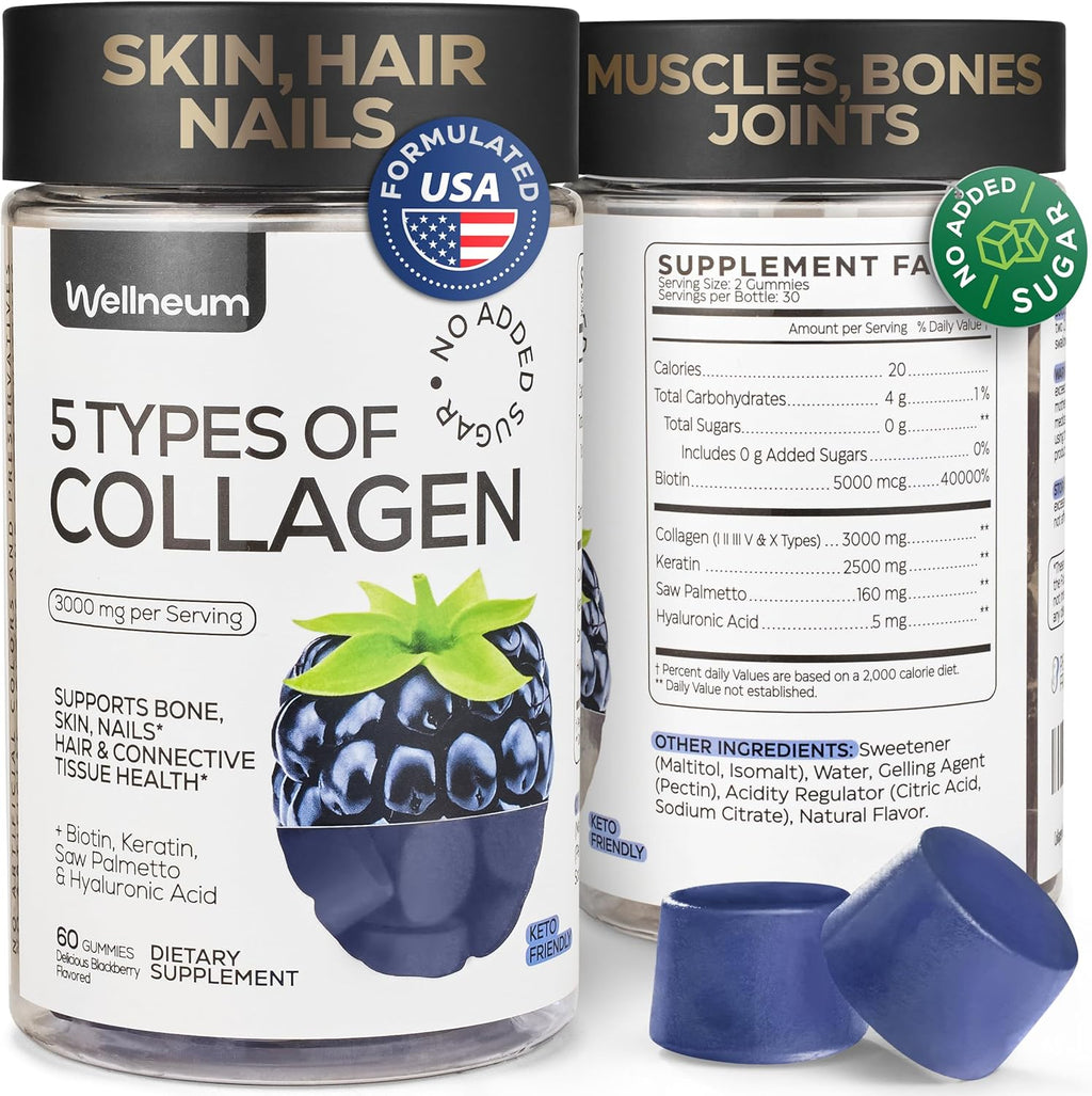 Collagen Peptide Gummies for Women and Men - Collagen Gummy Supplement for Healthy Hair, Skin, Nails and Bones - Hyaluronic Acid, Biotin, Keratin, Saw Palmetto - Sugar Free, No GMO and Gluten