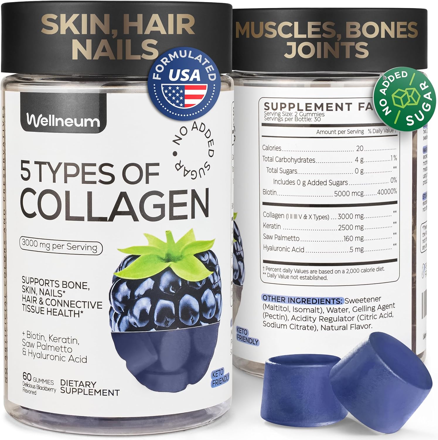 Collagen Peptide Gummies for Women and Men - Collagen Gummy Supplement for Healthy Hair, Skin, Nails and Bones - Hyaluronic Acid, Biotin, Keratin, Saw Palmetto - Sugar Free, No GMO and Gluten