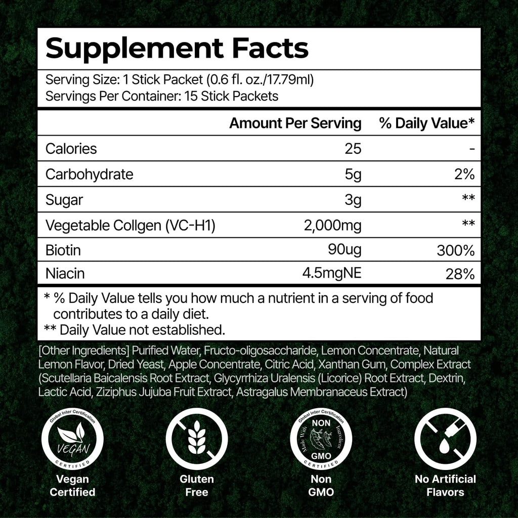 PLANT Vegan Liquid Collagen + Biotin + Niacin | 2,000mg Hydrolyzed Collagen Peptides | Kosher & Halal Certified| Lemon Flavor| Skin, Hair & Nail Support| 363Da Ultra Low Molecular |15 Stick Packs