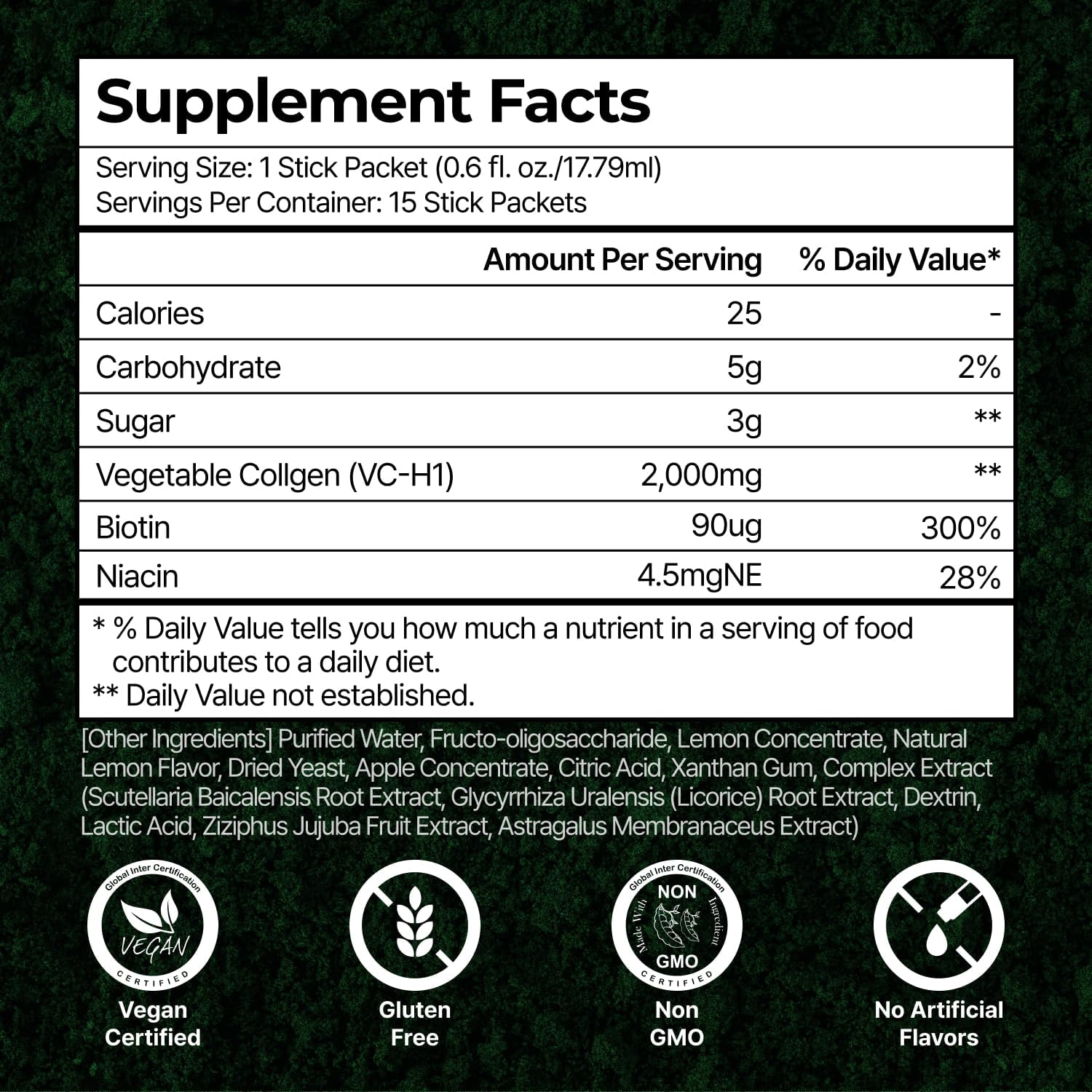 PLANT Vegan Liquid Collagen + Biotin + Niacin | 2,000mg Hydrolyzed Collagen Peptides | Kosher & Halal Certified| Lemon Flavor| Skin, Hair & Nail Support| 363Da Ultra Low Molecular |15 Stick Packs
