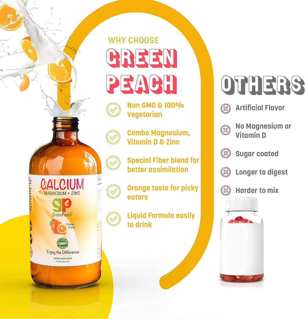GreenPeach Liquid Calcium for Kids - Magnesium, D3 & Zinc Supplement - Calcium Citrate & Vitamin D3 Kids Calming Syrup - No Sugar No Artificial Flavors - Vegetarian Kosher (2-Pack)
