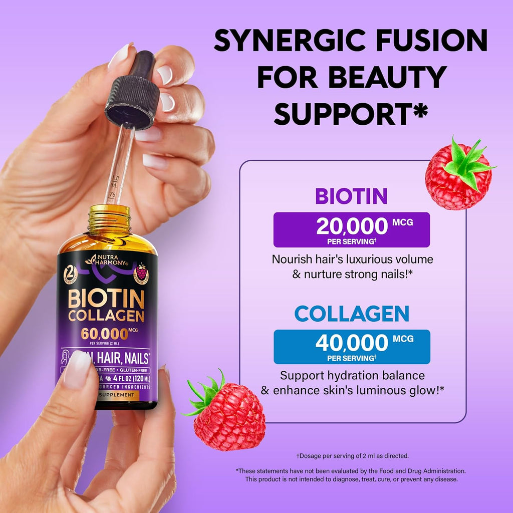 Liquid Biotin & Collagen - Vitamins for Hair Growth Support for Women & Men - Extra Strength 60000 mcg Drops - B7 Supplement - Strong Nails & Healthy Skin - 98% Faster Absorption Than Pills