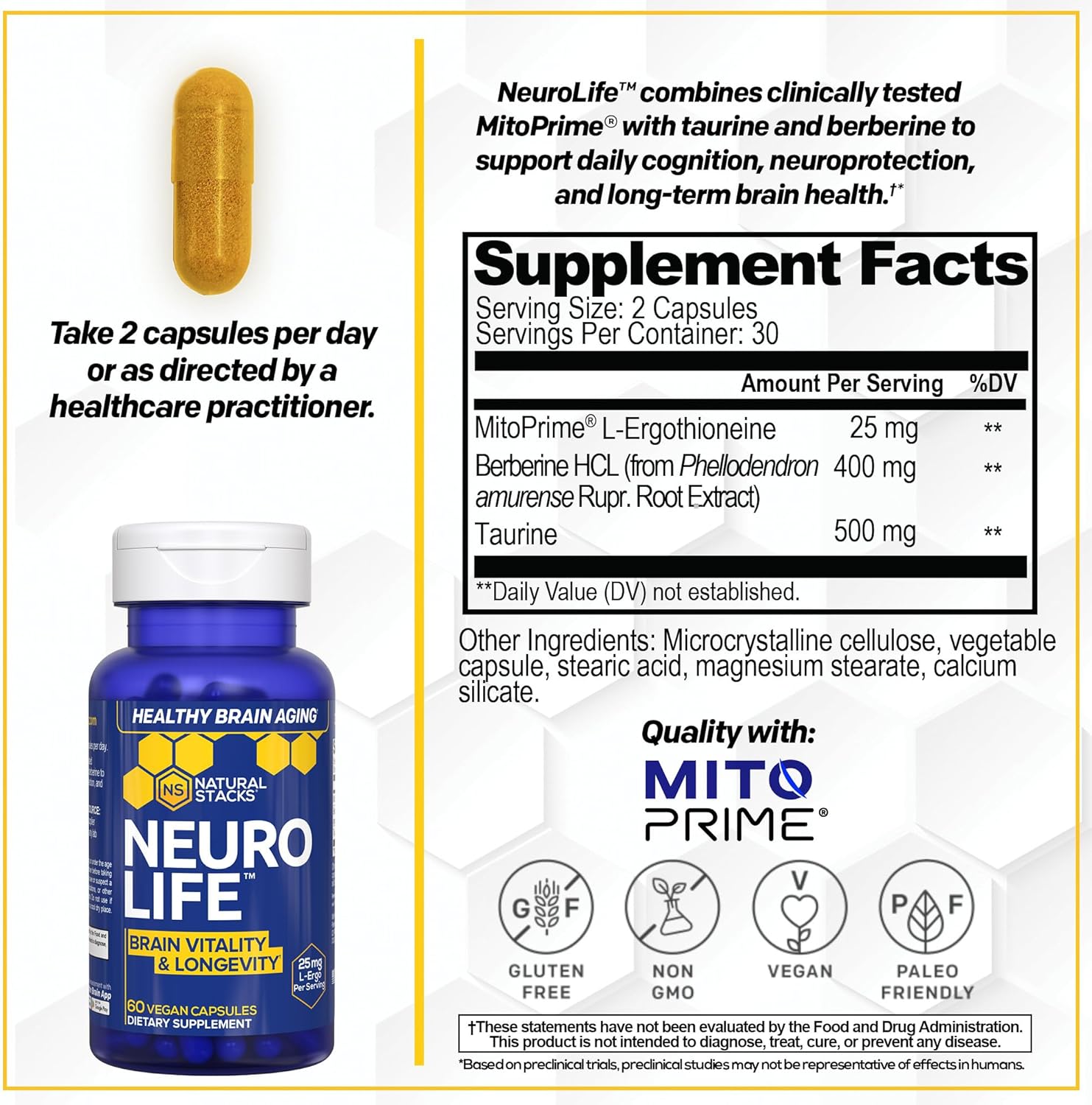 NeuroLife Longevity Supplement - 500mg Taurine & 400mg Berberine Supplement - Clinically Tested MitoPrime L-Ergothioneine - Brain Support for Cognitive Vitality - 60 Berberine Capsules