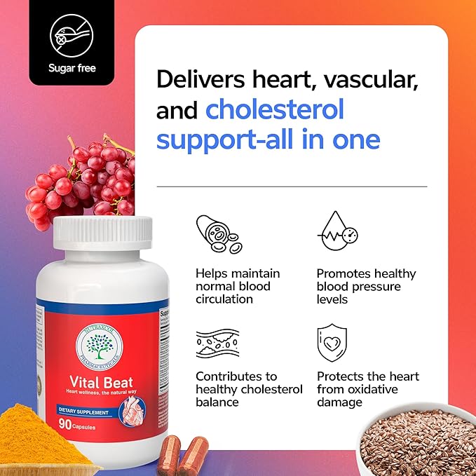 Vital Beat, Cardiovascular Support Supplement – with CoQ10, Flaxseed, Grape Seed, Turmeric & Taurine – 90 Capsules – Heart, Circulation & Cholesterol Support