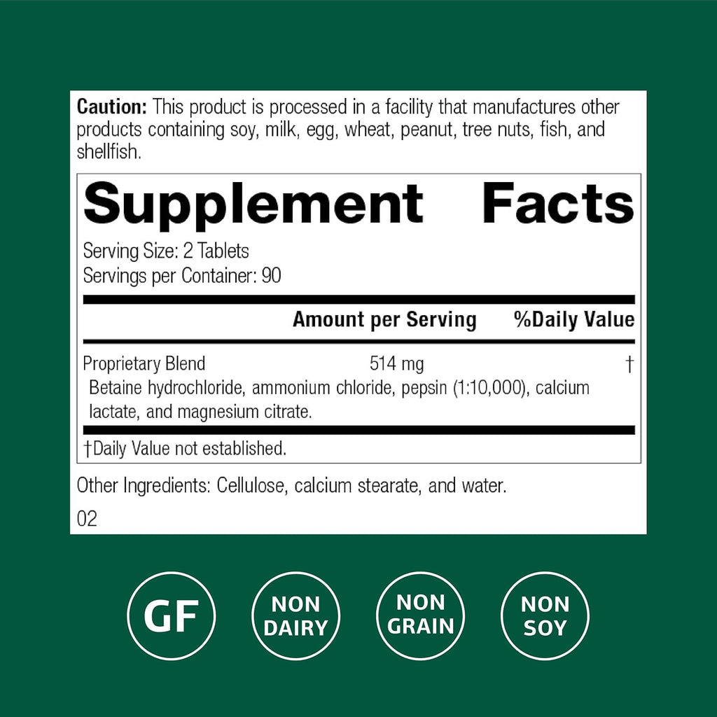 Standard Process Betaine Hydrochloride - Supplement for Gastrointestinal pH Support - Supports Digestive Health & Iron Absorption - Gluten-Free, Non-Dairy & Non-Soy - 180 Tablets (90 Servings)