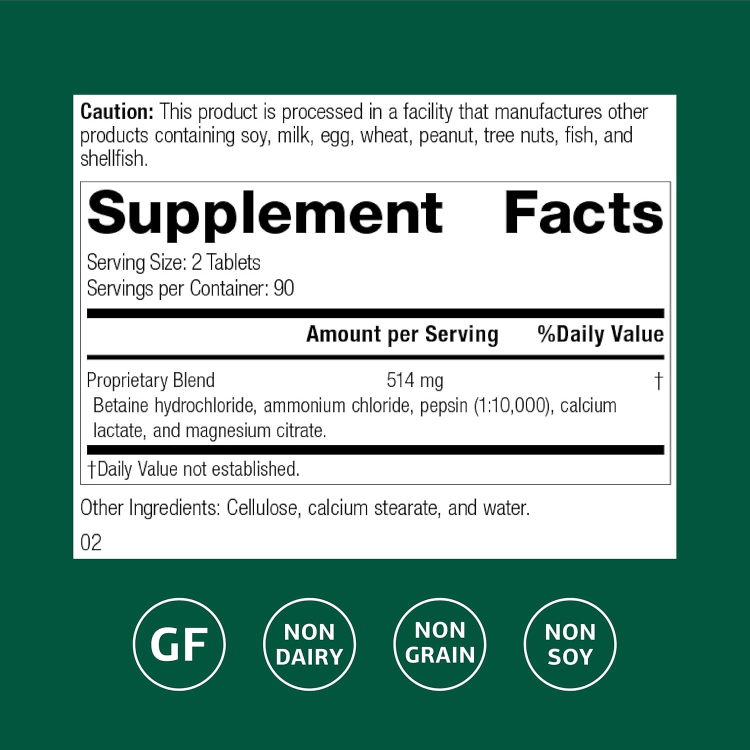 Standard Process Betaine Hydrochloride - Supplement for Gastrointestinal pH Support - Supports Digestive Health & Iron Absorption - Gluten-Free, Non-Dairy & Non-Soy - 180 Tablets (90 Servings)