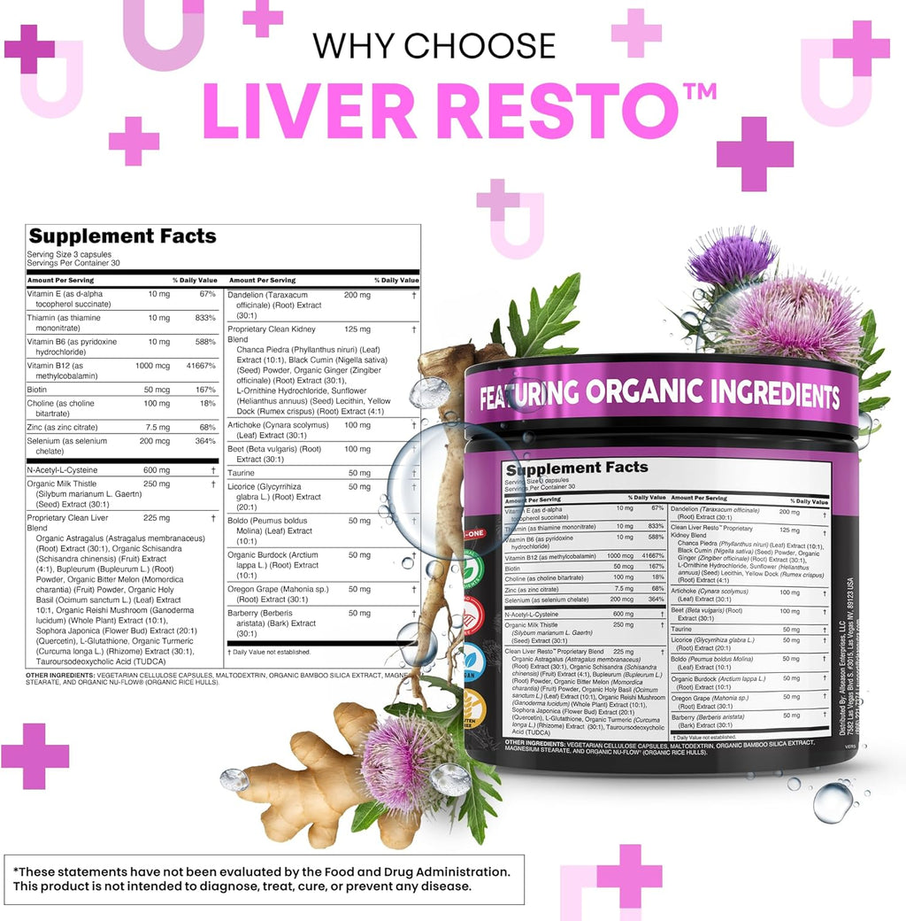 Clean Nutra Liver Cleanse Detox & Repair Supplement Milk Thistle, NAC, TUDCA, Dandelion Root, Artichoke, Choline, Ginger, Beet Root, Burdock, Taurine, Liver Resto 90 Capsules