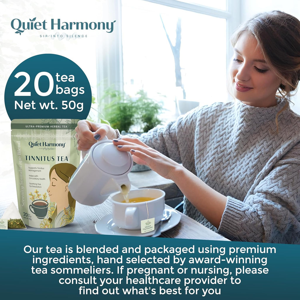 Quiet Harmony Tinnitus Relief Tea – Serenity Soundscape Blend | Ultra Premium Functional Herbal Tea for Ear Health & Nervous System Support | Rooibos, Ginkgo, Lemon Balm | 20 Pyramid Bags | Caffeine-Free