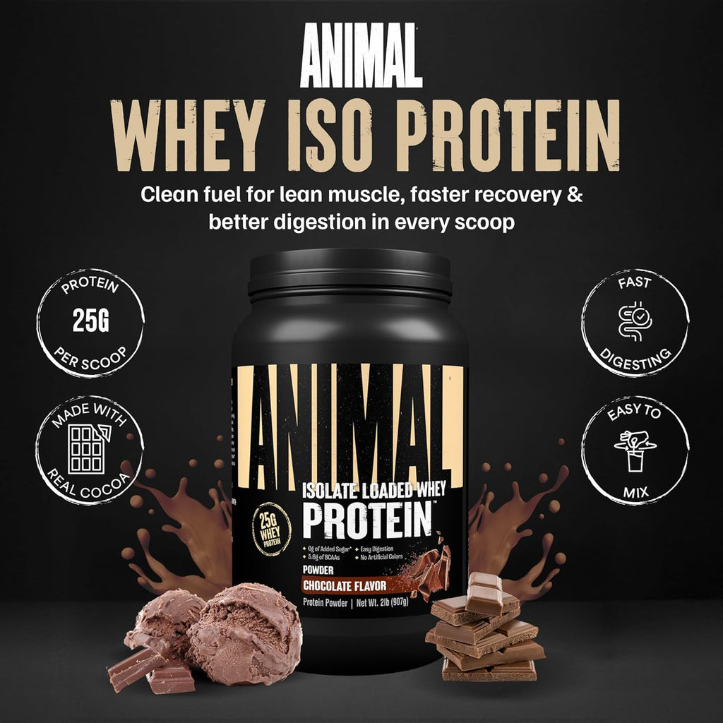 Animal Whey Isolate Protein Powder - Loaded for Pre & Post Workout Muscle Builder and Recovery with Digestive Enzymes for Men & Women - 25g Protein, Great Taste, Low Sugar - Chocolate 2 lbs