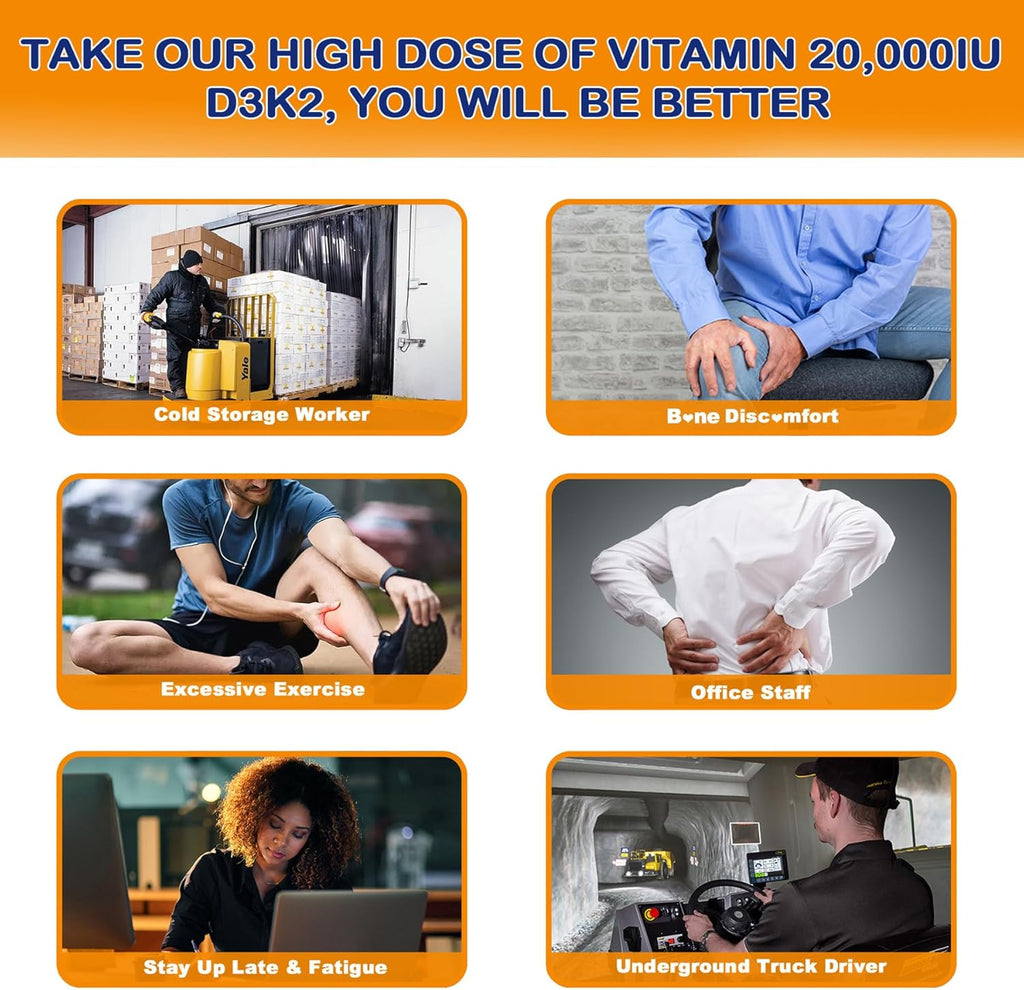 Vitamin D3 20,000 IU + K2(MK7) 200mcg-Optimal Vitamin D3 & K2-Support Strong Bones & Muscle, Calcium Absorption & Immune Health, Helping Vitamin D Deficiencies, Easy to Swallow, (Pack of 2)