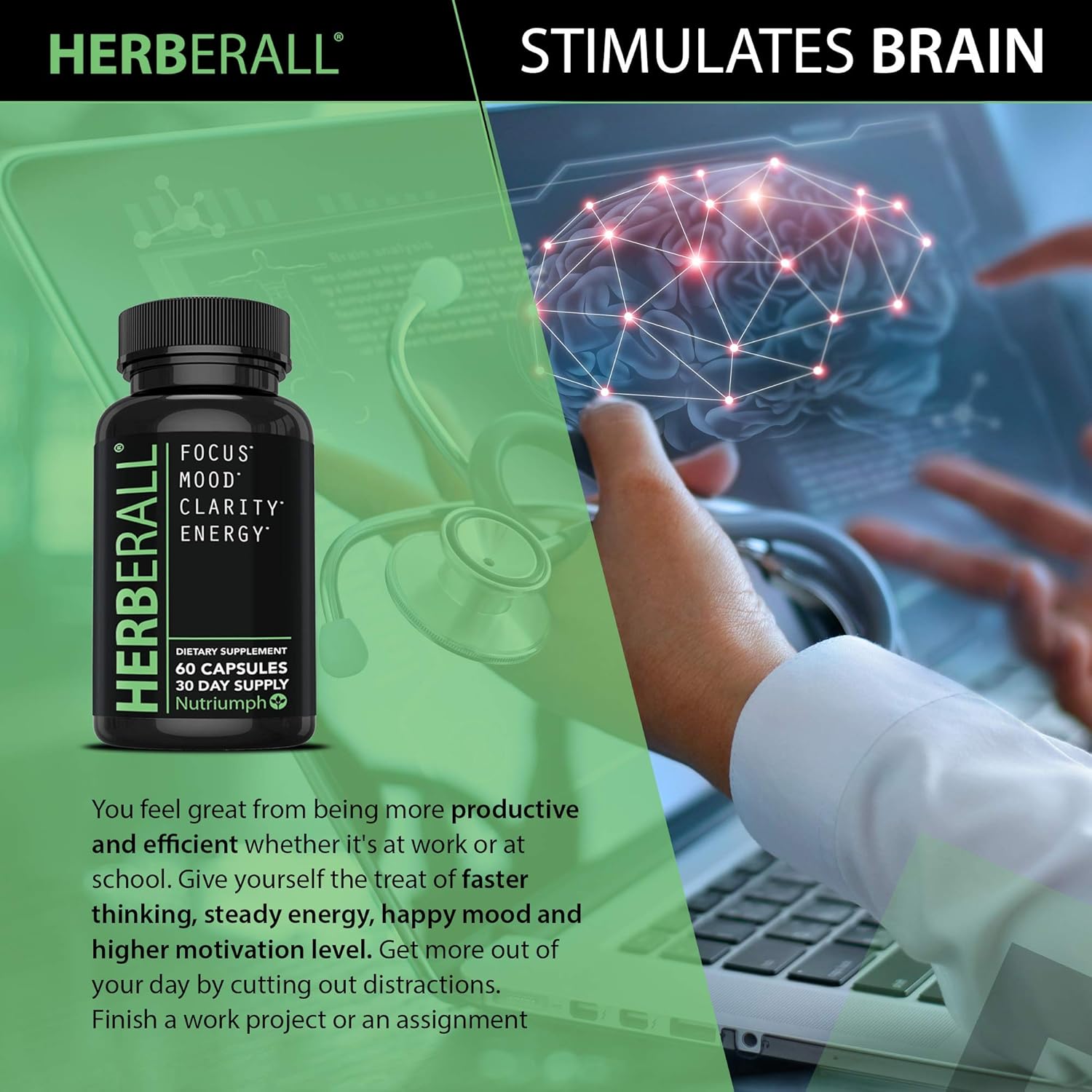 HERBERALL Best Nootropic - Brain focus vitamins – Memory & Concentration Supplements - Focus Vitamins to Improve Memory, Brain Boost, Mental Focus, Brain Fog and Clarity – Brain Vitamins