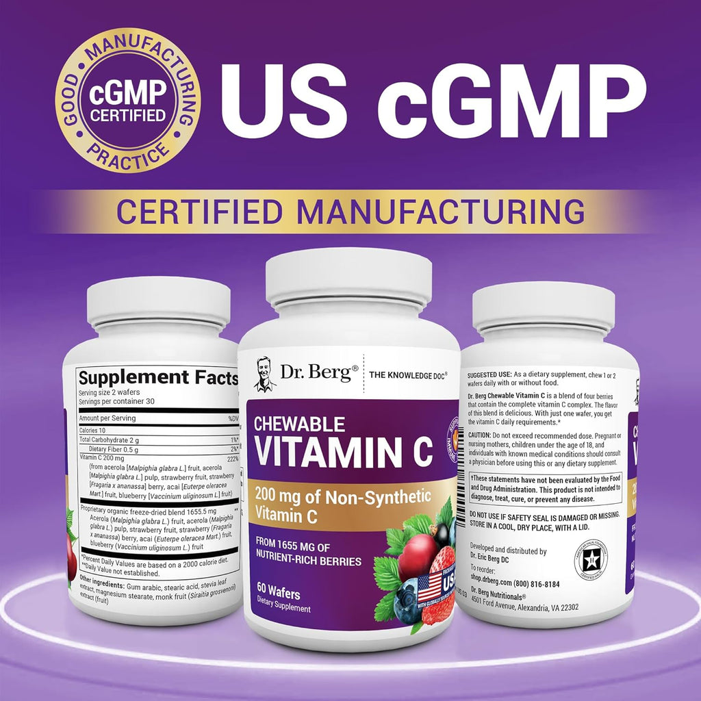 Dr. Berg Chewable Vitamin C Complex - Made with Organic, Non-GMO Berries - 60 Delicious Wafers