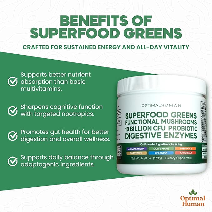 Optimal Human Superfood Greens Powder – 90+ Ingredient Blend with Lion’s Mane Supplement, Ashwagandha & Turmeric – Non-GMO, Soy-Free, Mushroom Supplements for Women - 6.28 oz