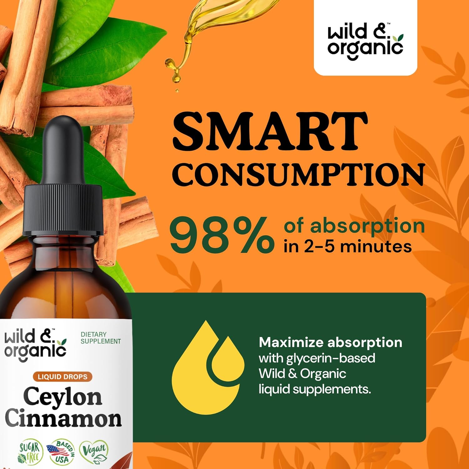 Wild & Organic Ceylon Cinnamon Extract Liquid Drops 500mg - Liquid Cinnamon Supplements for Overall Support - Cinnamomum Verum Bark Tincture - Vegan, Sugar & Alcohol-Free, Non-GMO - 2 fl oz
