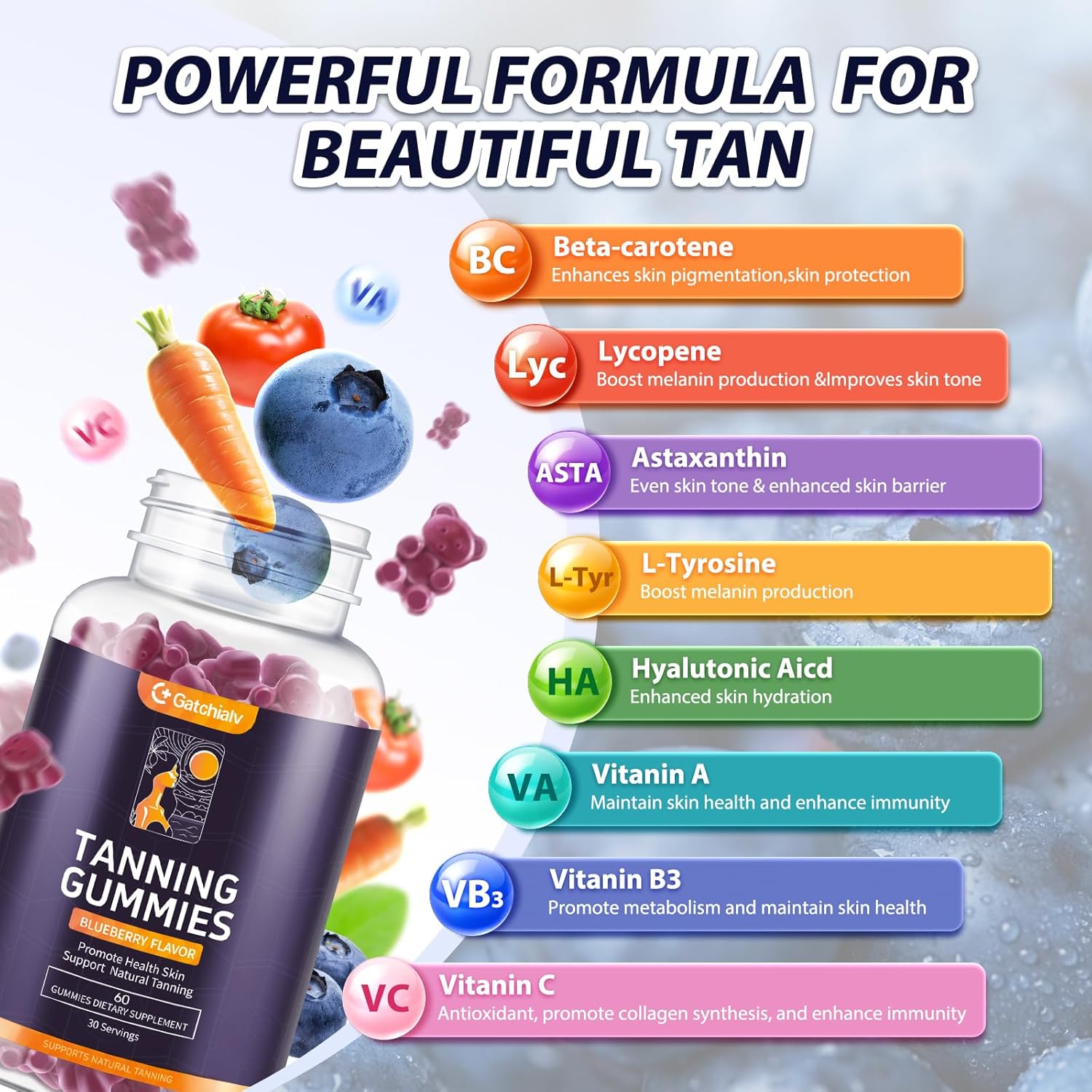 Tanning Gummies - Self Tan Bronzing Supplement that Work Without Sun - No Sugar Vegan with Astaxanthin Lycopene Beta Carotene and Vitamins-60 Count