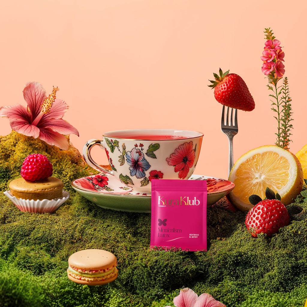 Kura Klub Green Tea Metabolism Blend — Herbal Detox & Beauty Support with Hibiscus| Clean Energy, Digestion & Bloat Relief | Strawberry Lemon Flavor | 14 Plant-Based Pyramid Tea Bags | No Microplastics