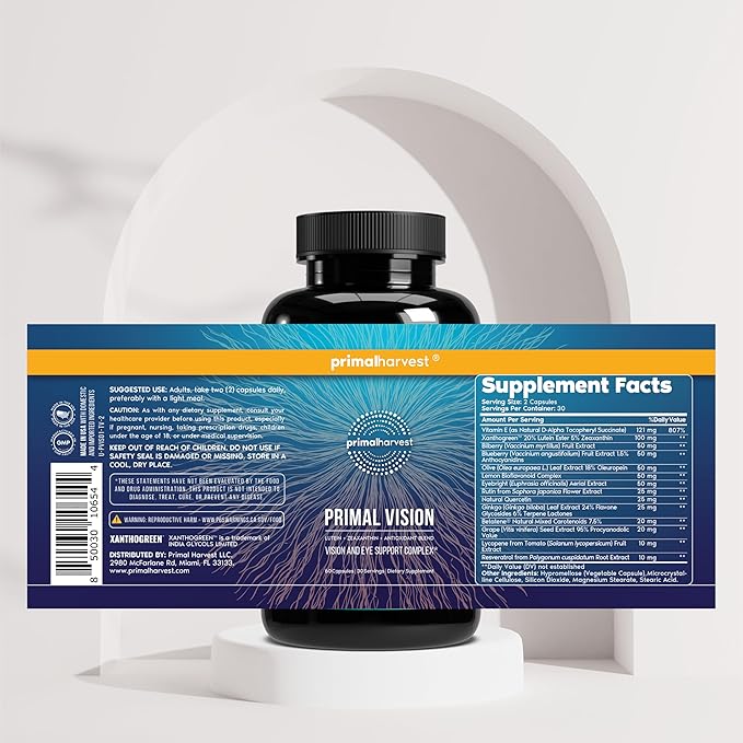 Primal Harvest Primal Vision with Lutein, Zeaxanthin, Vitamin A and Zinc for Eye Health, Blue Light Support and Visual Clarity 2 Pack