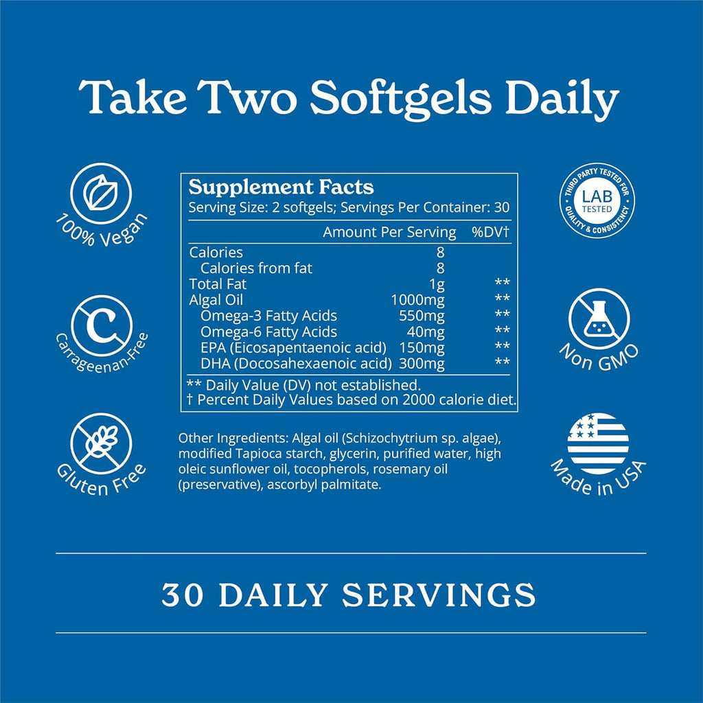 Vegan Omega 3-450mg DHA & EPA Fatty Acids - Sustainable Algae Oil - Plant-Based Fish Oil Alternative - Carrageenan-Free Softgels (120 Ct)