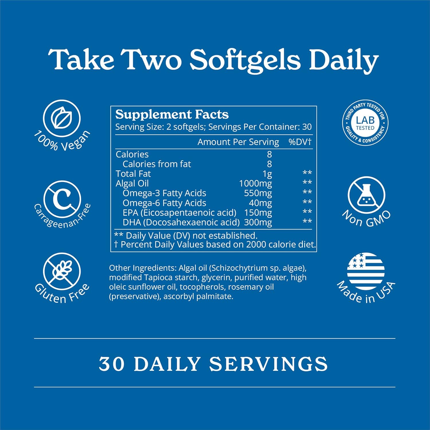 Vegan Omega 3-450mg DHA & EPA Fatty Acids - Sustainable Algae Oil - Plant-Based Fish Oil Alternative - Carrageenan-Free Softgels (120 Ct)
