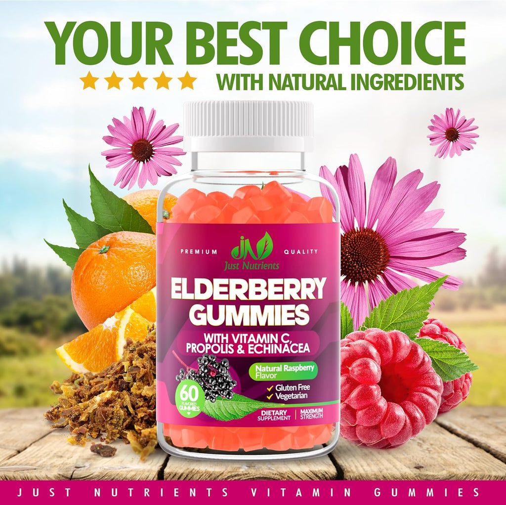 Elderberry Gummies with Vitamin C, Echinacea, Propolis (60 count) - Immune Support for Adults & Kids - Maximum Strength, Great Tasting Raspberry Flavor - Gluten-Free, Vegan - 60 Gummies