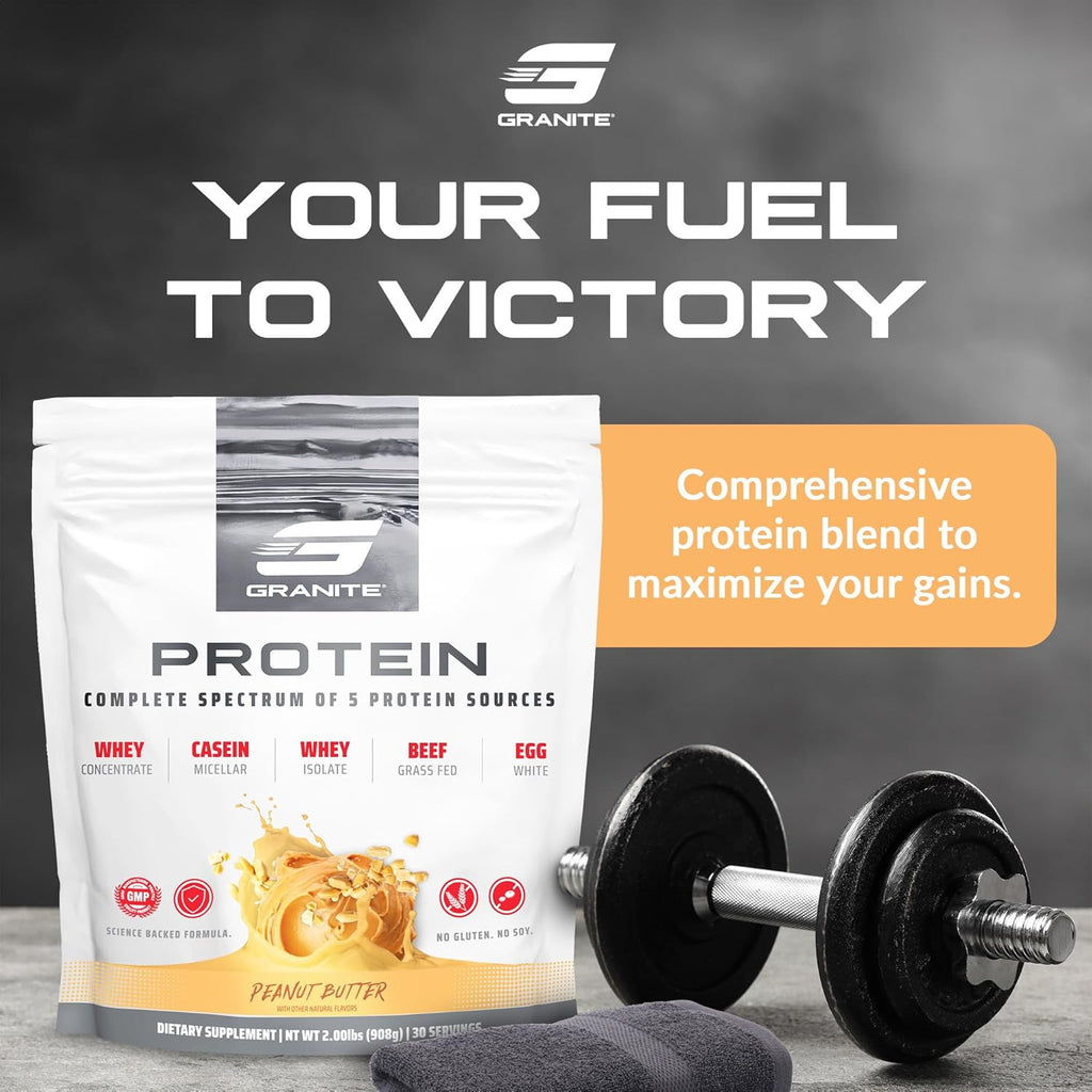 Granite Nutrition Protein Powder - Premium 5-Source Blend (Whey, Casein, Egg, Grass-Fed Beef) for Lean Muscle and Recovery - Peanut Butter Flavor, 30 Servings