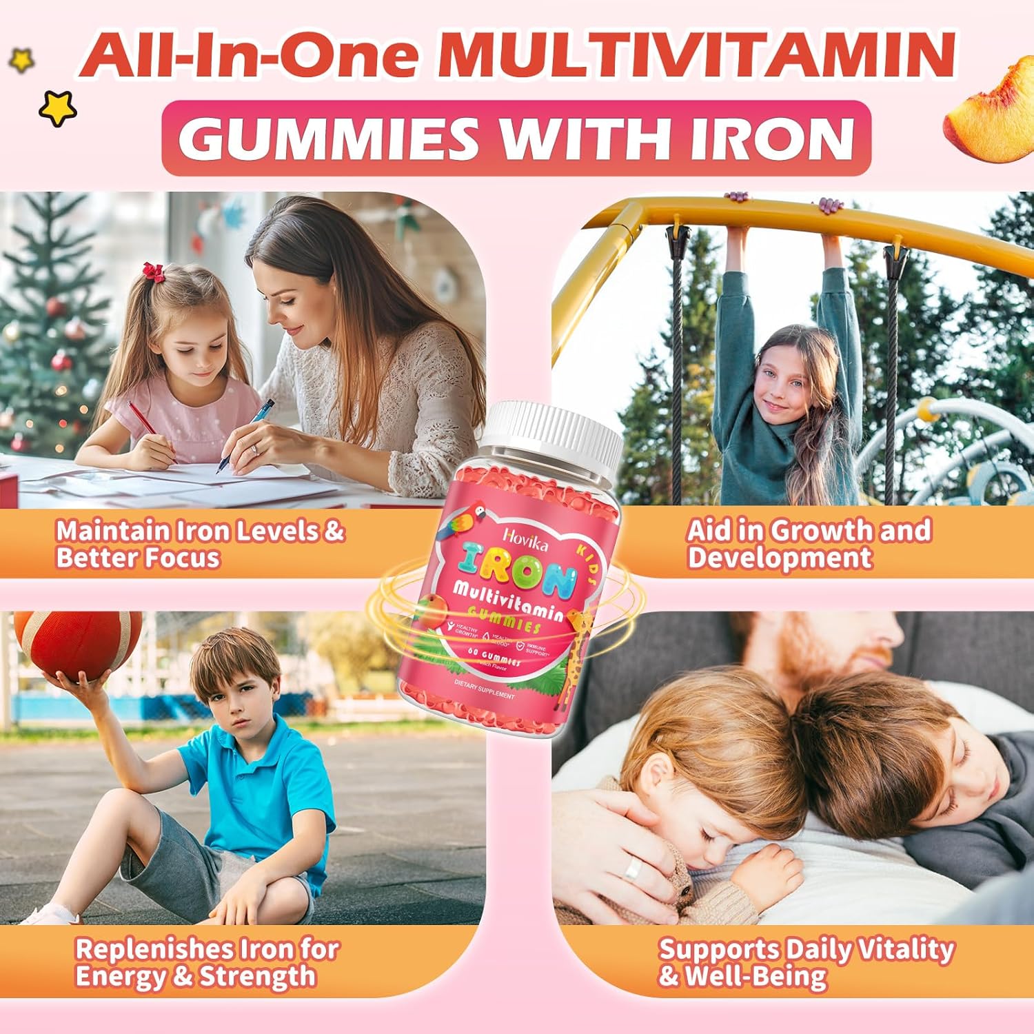 Iron Supplement Gummies for Kids with Multivitamin, Calcium, Zinc, Folate - Kids Iron Gummies Support Immune, Blood Builder, Iron Deficiency, Anemia & Energy - Vegan, Peach 60 Count