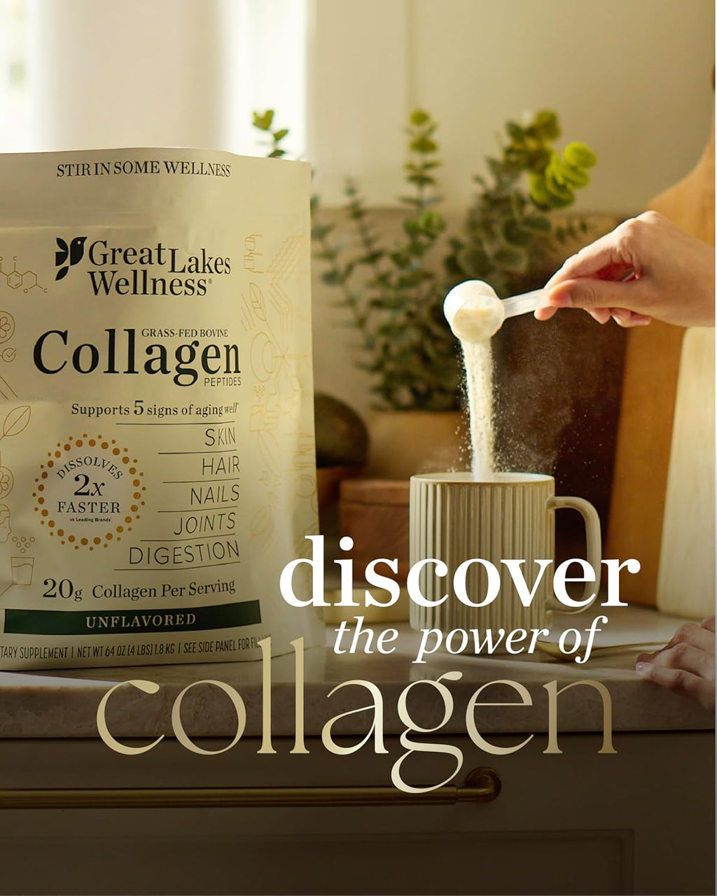 Great Lakes Wellness Bovine Collagen Peptides Powder for Skin, Hair, Nails, Joints & Digestion - Unflavored - Quick Dissolve Hydrolyzed, Non-GMO, Kosher - 32 oz
